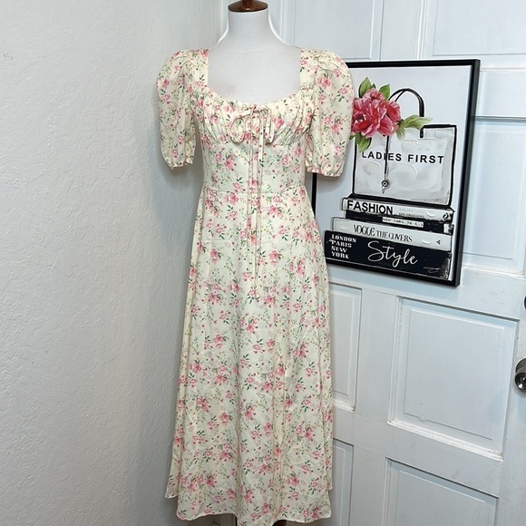 NWT 70/21 Floral Puff Sleeve Drawstring High Slit Dress Size S - Picture 2 of 9